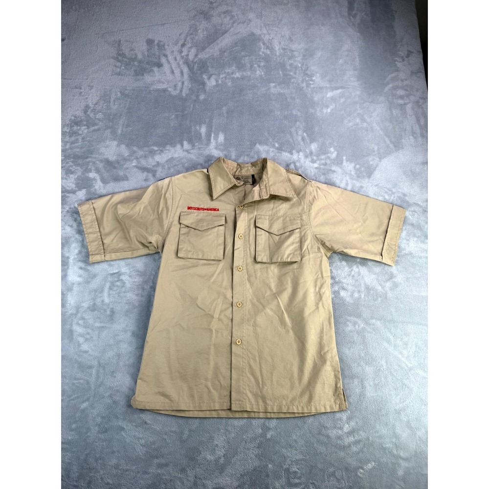 Boy Scouts Of America Uniform Shirt Youth Large Khaki US Flag Patch Workwear